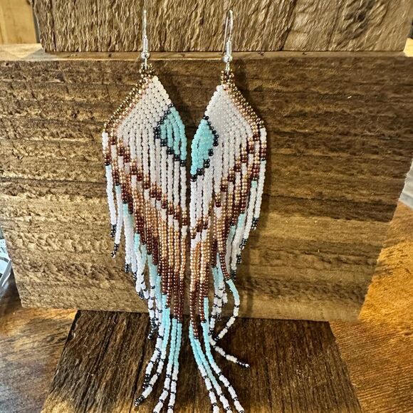 Boho Native American Navajo Seed Bead Dangle Wire Earrings, Turquoise Stone, Gi - Picture 4 of 11
